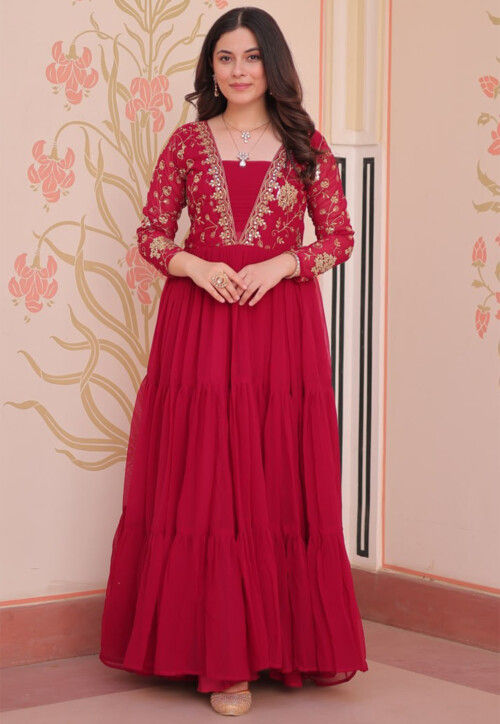 Buy Embroidered Georgette Tiered Gown in Fuchsia Online : TWJ5659 - Utsav  Fashion