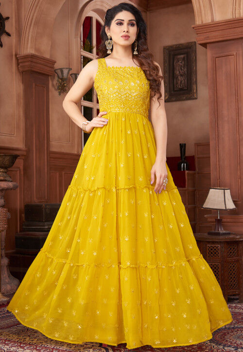 Mustard Printed With Embroidered Chiffon Gown