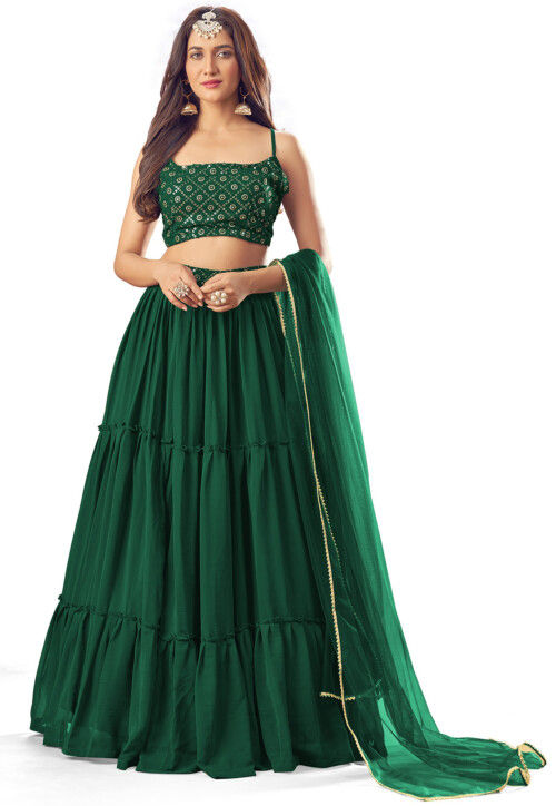 Embroidered Georgette Tiered Lehenga in Dark Green : LCC1546