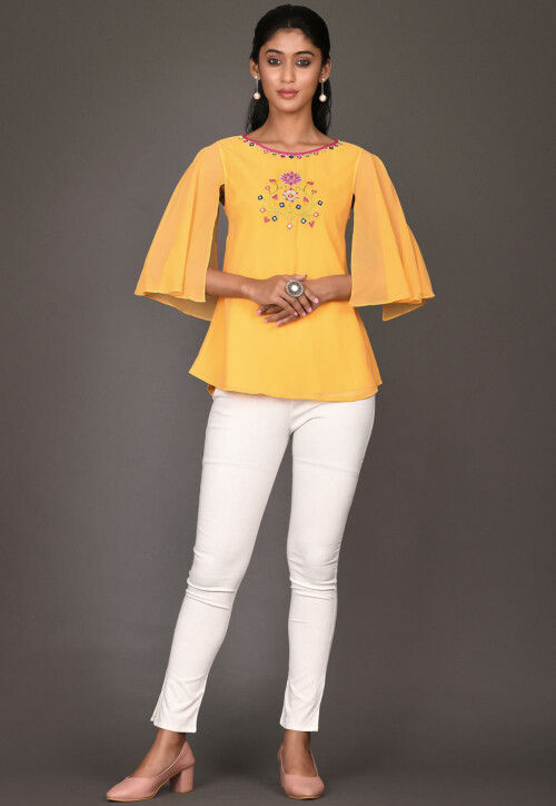 Embroidered Georgette Top in Mustard