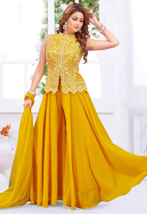 Embroidered Georgette Top Set in Mustard