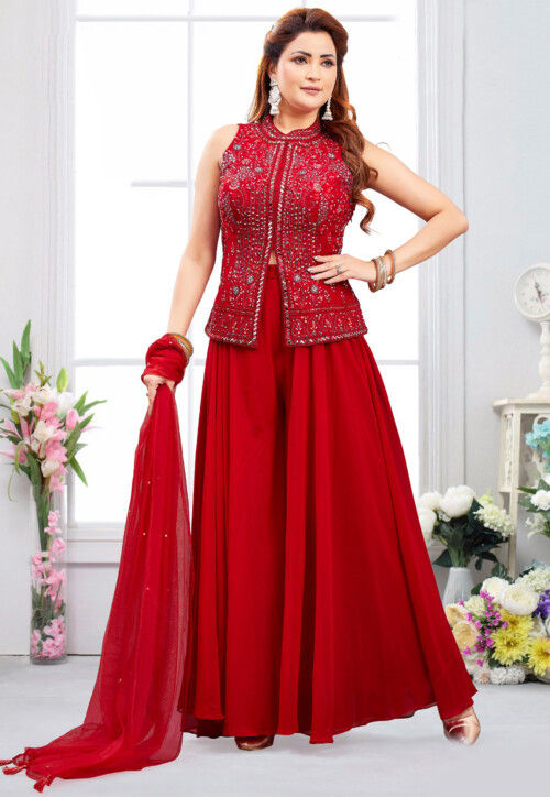 Embroidered Georgette Top Set in Red