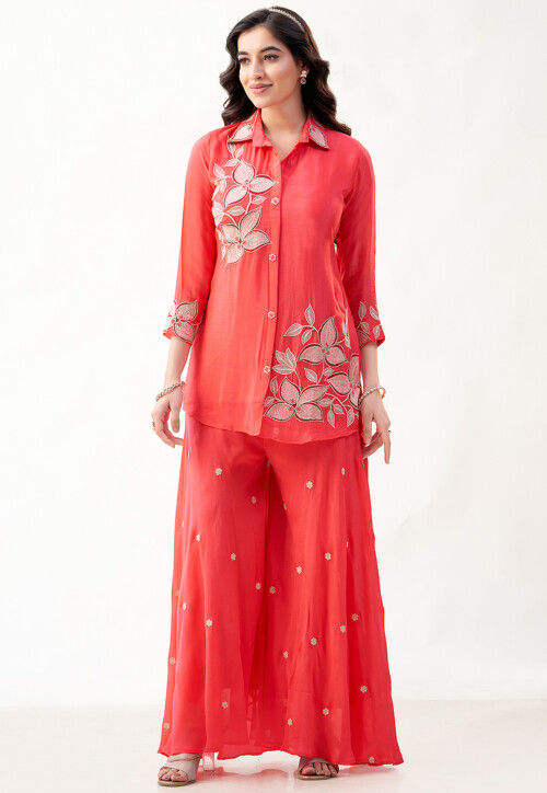 Embroidered Georgette Tunic Set in Peach