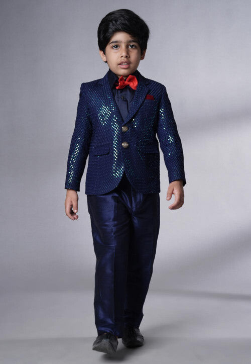 Embroidered Georgette Tuxedo in Navy Blue