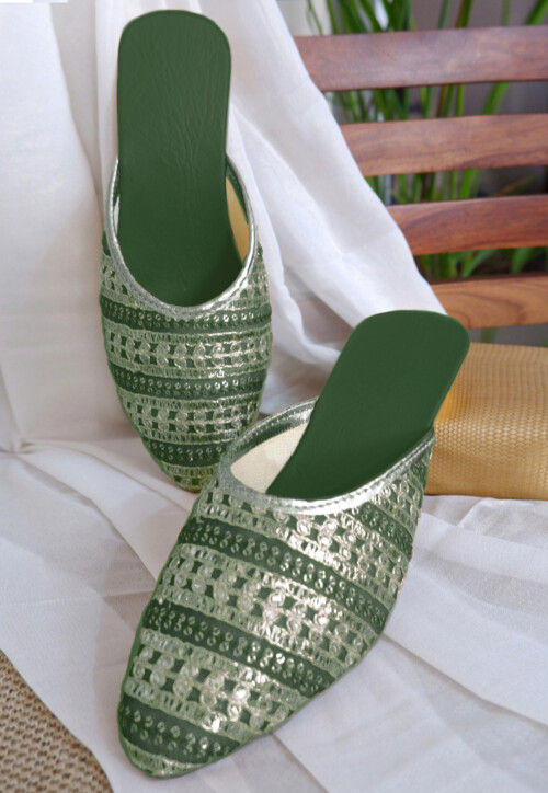 Embroidered Georgette Women Mules in Dark Green