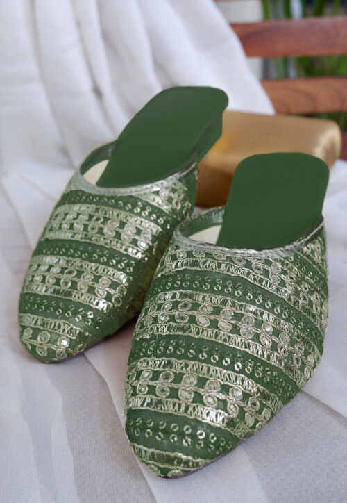 Embroidered Georgette Women Mules in Dark Green