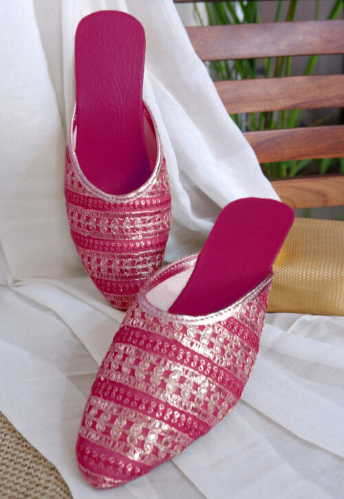 Embroidered Georgette Women Mules in Fuchsia