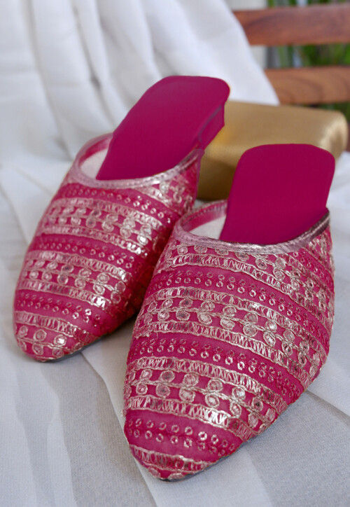 Embroidered Georgette Women Mules in Fuchsia