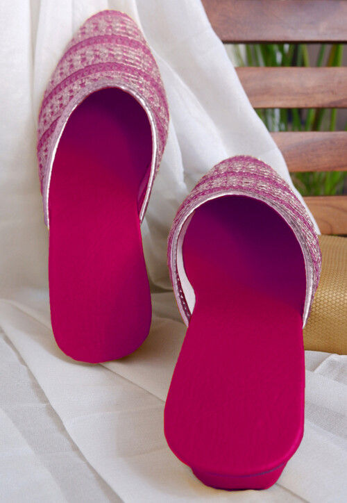 Embroidered Georgette Women Mules in Fuchsia