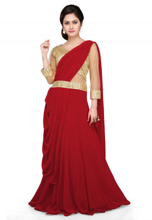 Georgette Embroidered Indo Western Saree Gowns, Full Sleeve at Rs 1799 in  Surat