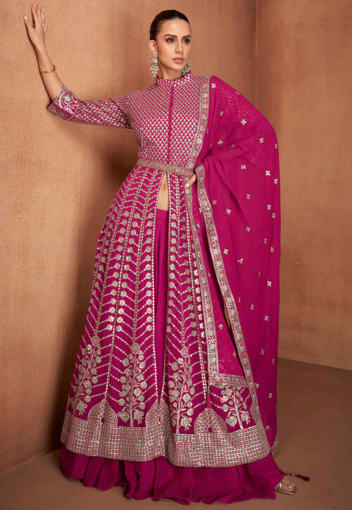 Embroidered Georgette Lehenga in Fuchsia