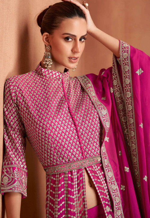 Embroidered Georgette Lehenga in Fuchsia