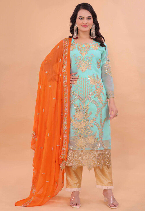 Embroidered Gerogette Pakistani Suit in Blue