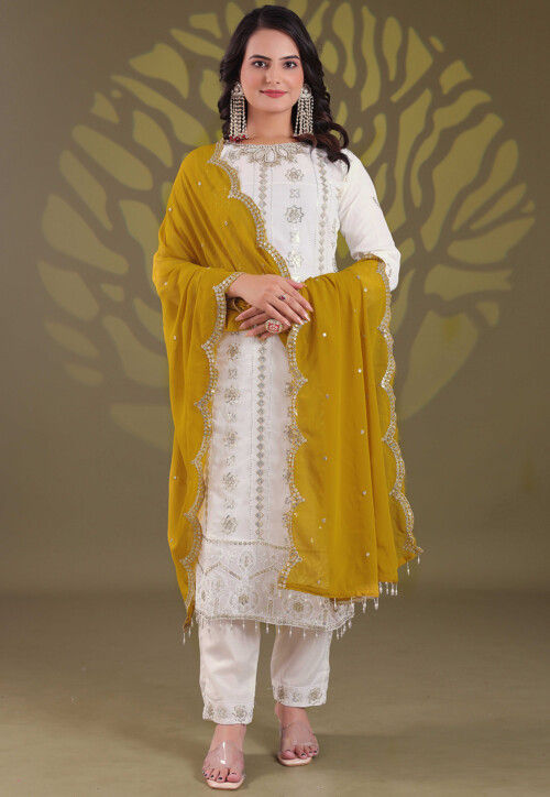 Embroidered Gerogette Pakistani Suit in Off White