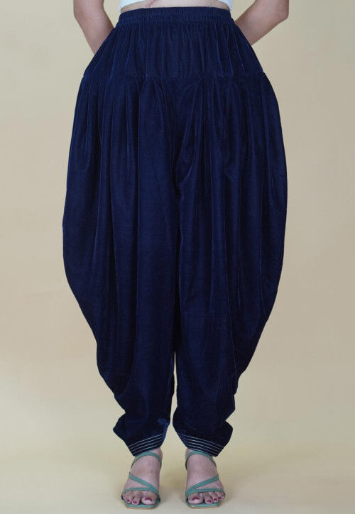 Embroidered Hem Velvet Patiala in Navy Blue