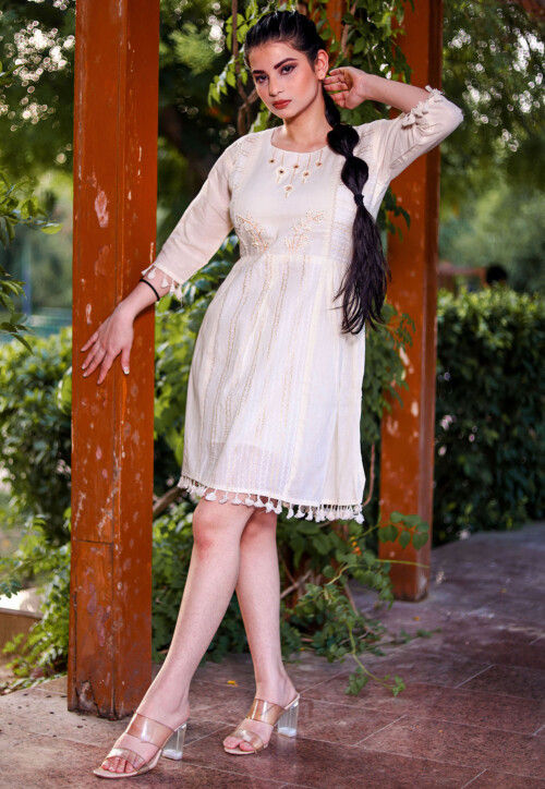 Embroidered Khadi Cotton Aline Dress in Off White