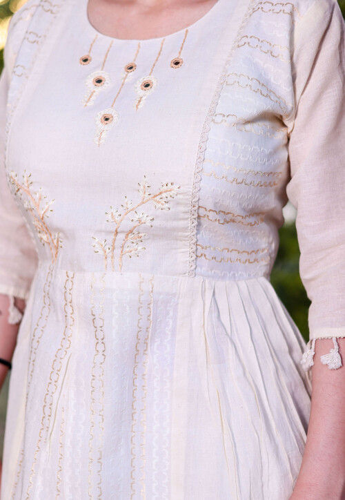 Embroidered Khadi Cotton Aline Dress in Off White