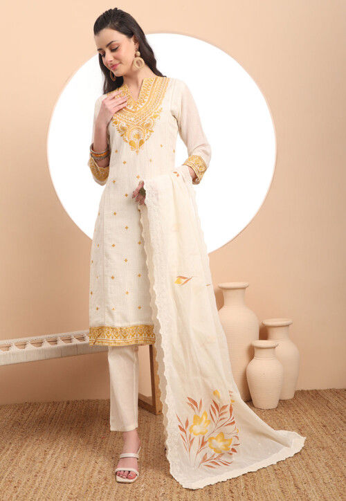 Embroidered Kota Doria Pakistani Suit in Cream