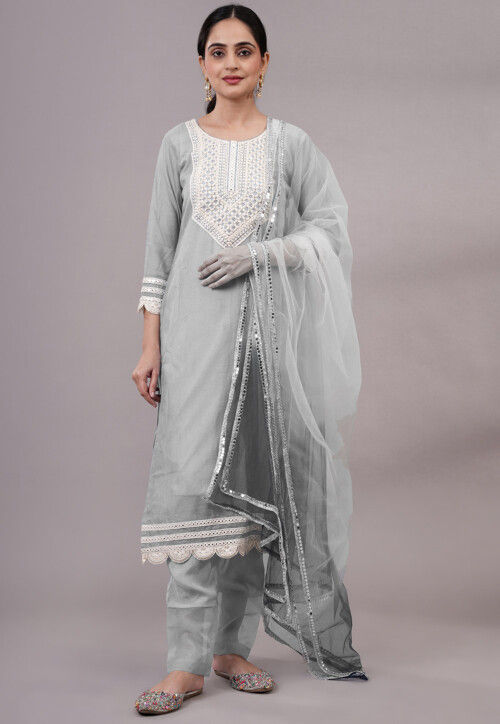 Embroidered Kota Doria Pakistani Suit in Grey