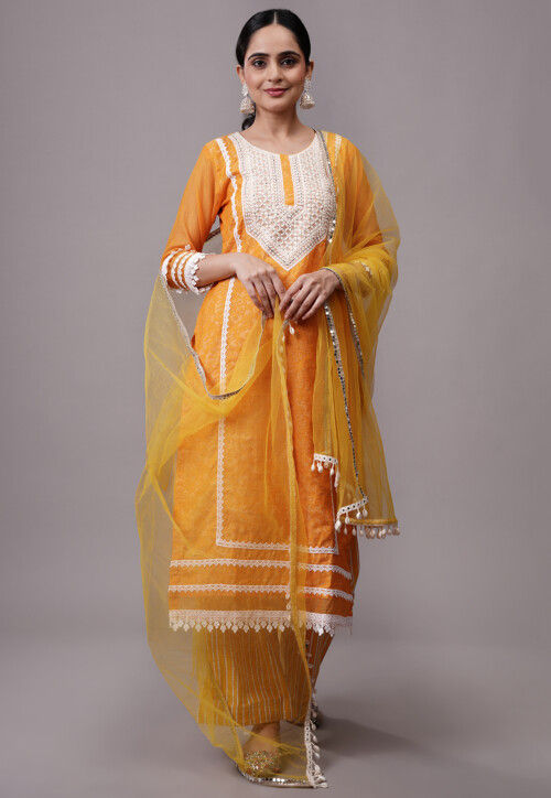 Embroidered Kota Doria Pakistani Suit in Mustard