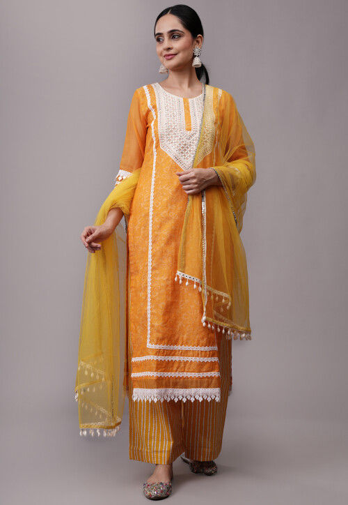 Embroidered Kota Doria Pakistani Suit in Mustard