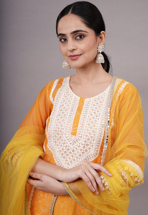 Embroidered Kota Doria Pakistani Suit in Mustard
