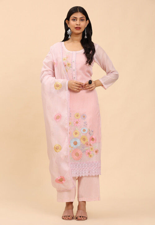 Embroidered Kota Doria Scalloped Pakistani Suit in Light Pink