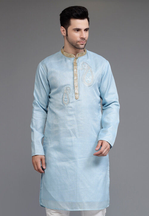 Embroidered Kota Silk Kurta in Sky Blue