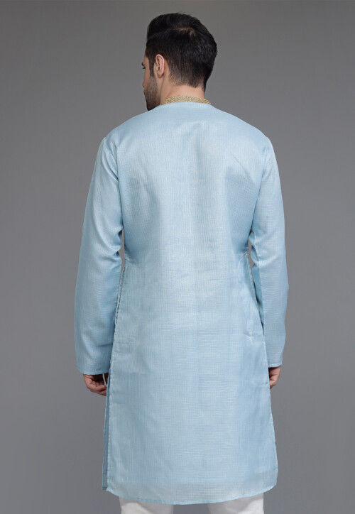 Embroidered Kota Silk Kurta in Sky Blue