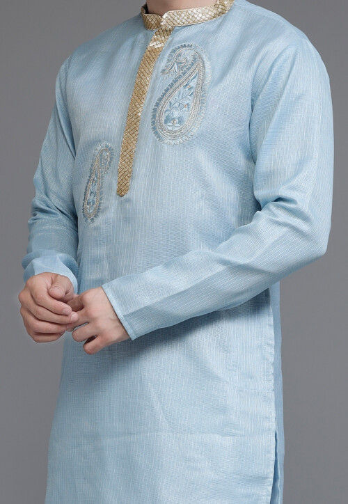 Embroidered Kota Silk Kurta in Sky Blue