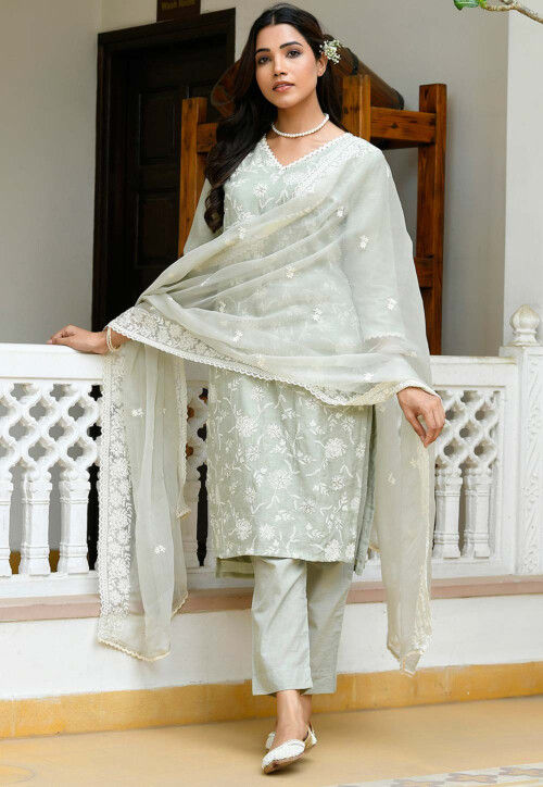 Embroidered Linen Cotton Pakistani Suit in Dusty Green