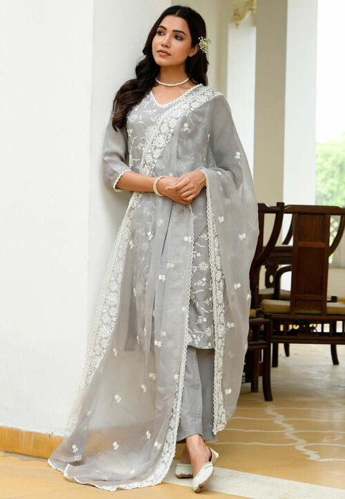 Buy Embroidered Linen Cotton Pakistani Suit in Grey Online