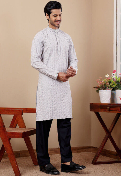 Blue Linen Kurta Set With Embroidery main image 1