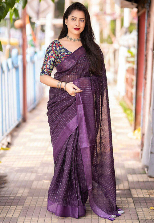 Embroidered Linen Saree in Dark Purple