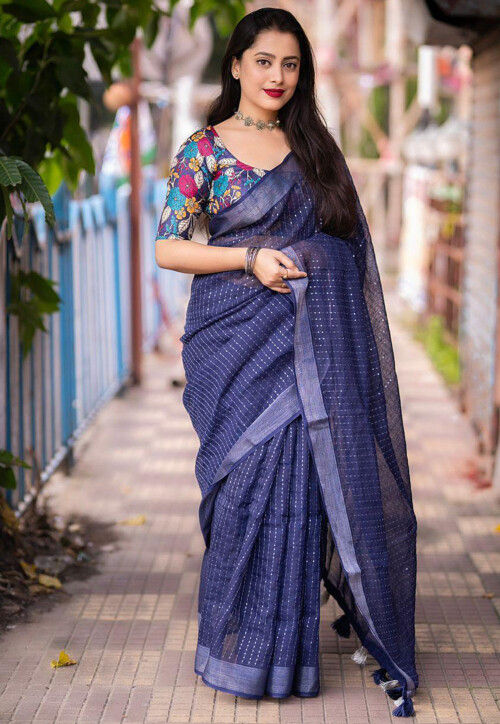 Embroidered Linen Saree in Navy Blue