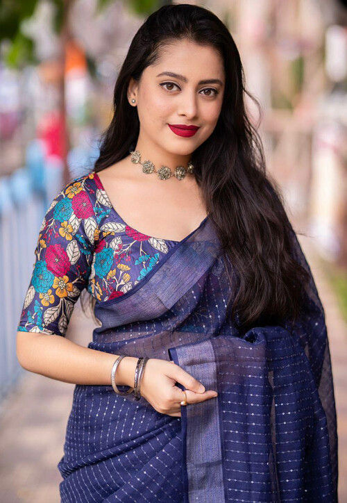 Embroidered Linen Saree in Navy Blue