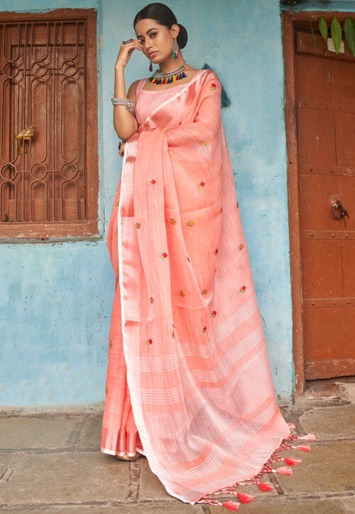 Embroidered Linen Saree in Peach