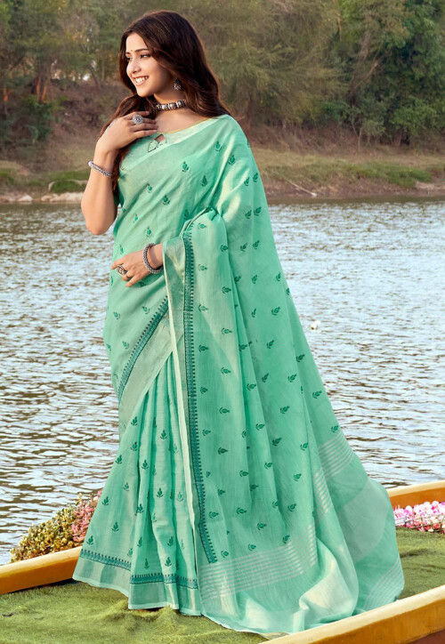 Embroidered Linen Saree in Sea Green