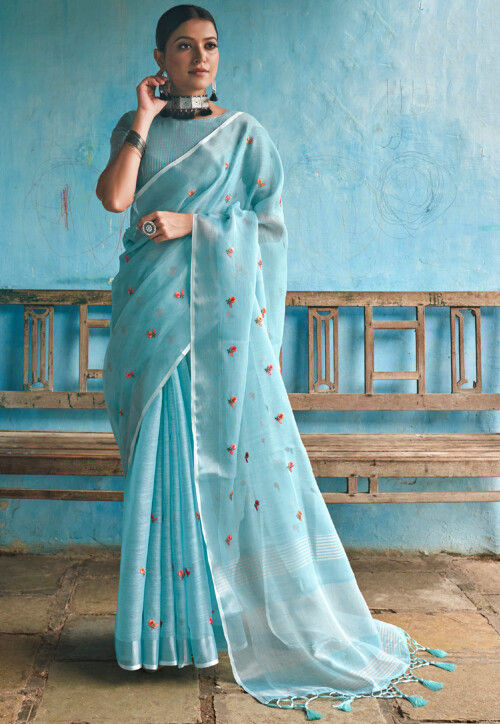 Light Sky Blue Color Pure Linen Saree - Linen Saree