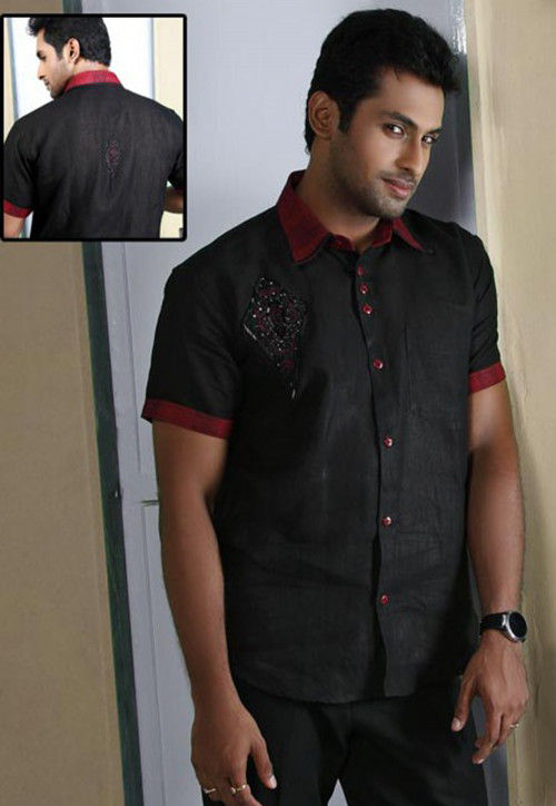 Embroidered Linen Shirt in Black