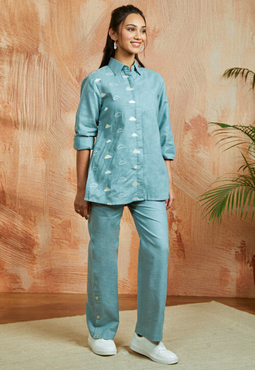 Buy Embroidered Linen Silk Co Ord Set in Light Teal Blue Online : TEB86 ...
