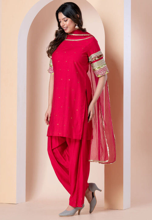 Embroidered Linen Silk Punjabi Suit in Fuchsia