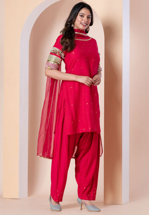 Embroidered Linen Silk Punjabi Suit in Fuchsia