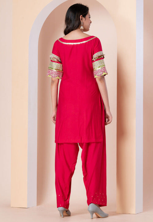 Embroidered Linen Silk Punjabi Suit in Fuchsia