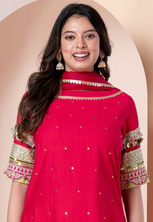 Embroidered Linen Silk Punjabi Suit in Fuchsia