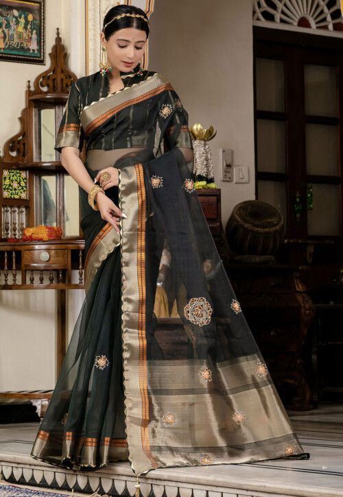 Embroidered Linen Silk Saree in Black