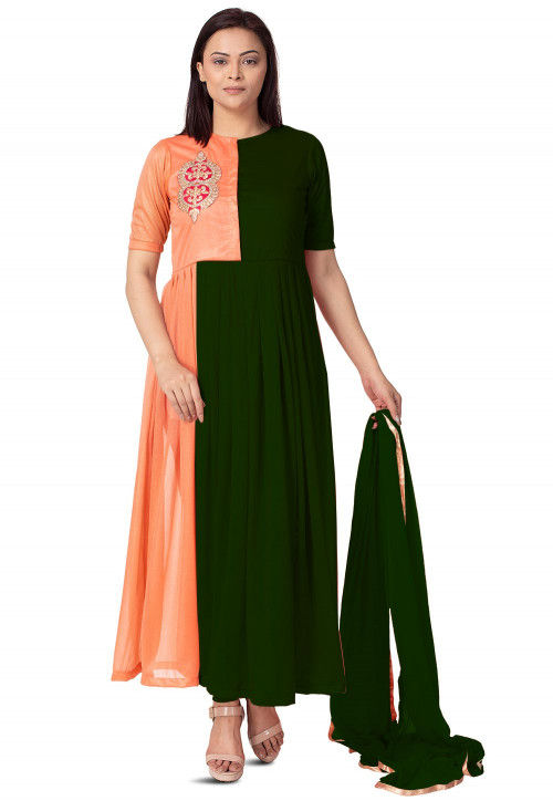 Embroidered Lycra Anarkali Suit in Dark Green and Peach