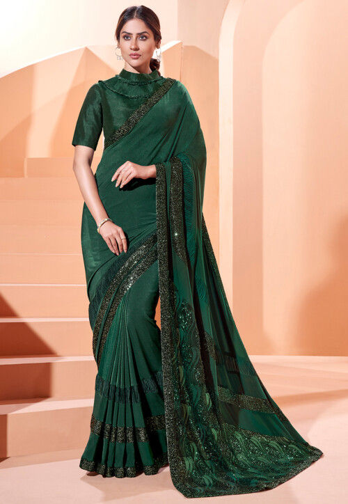 Embroidered Lycra (Elastane) Saree in Dark Green
