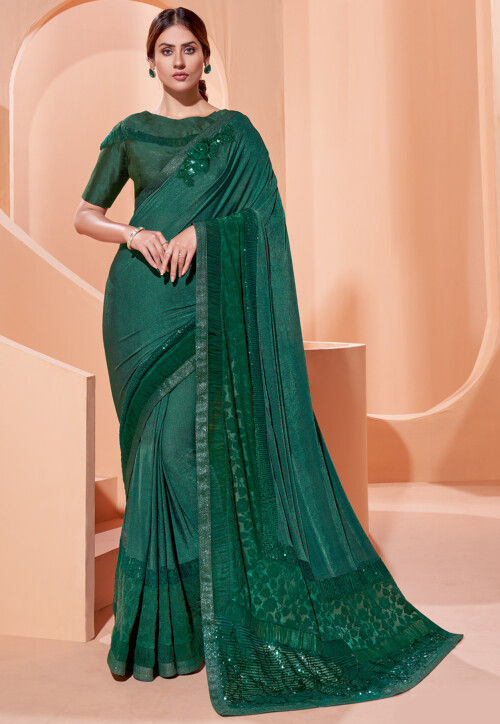 Embroidered Lycra (Elastane) Saree in Green