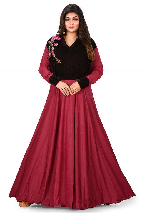 Embroidered Lycra Flared Gown in Maroon and Dark Brown